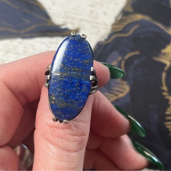 Vintage 925 Sterling Silver and Large Blue Lapis Lazuli Stone Silver Ring D2 - Picture 5 of 14